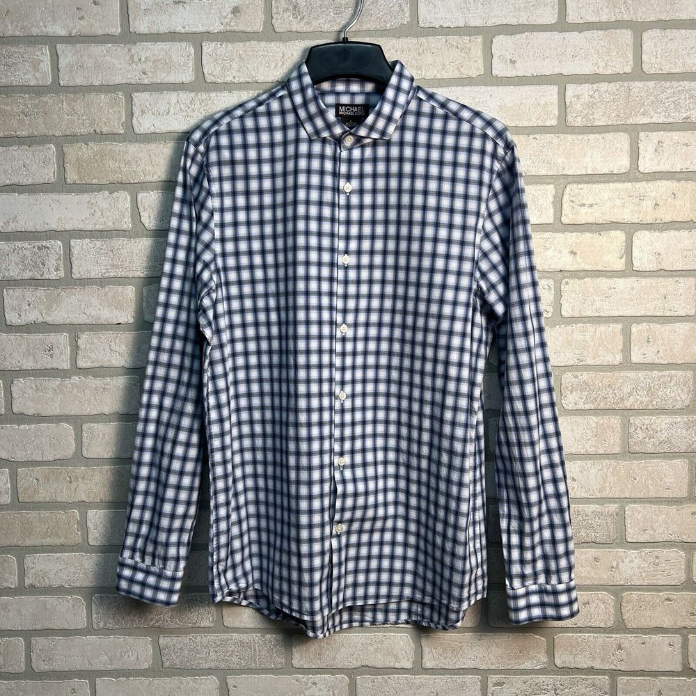 Michael‎ Kors Button Up Shirt Mens Size Large Blue Plaid Slim Fit Long Sleeve